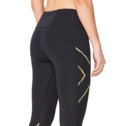 2XU Light Speed Mid-Rise Compression Dames-Tights - Black/gold Reflective - Standard -Sportwinkel 2xu light speed mid rise compression damen tights black gold reflective 3 980856