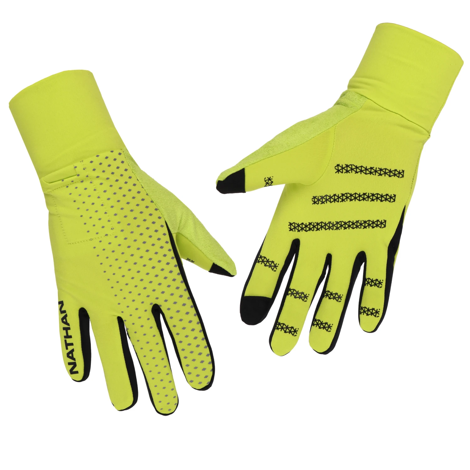 Nathan Sports Hypernight Reflective Gloves - Hi Vis Yellow/Geo Print 1 Nathan Sports Hypernight Reflective Gloves - Hi Vis Yellow/Geo Print